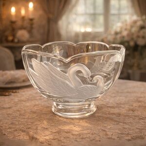 Vintage France 24% Lead Crystal Swan Bowl Embossed Frosted Design Teleflora 6 in